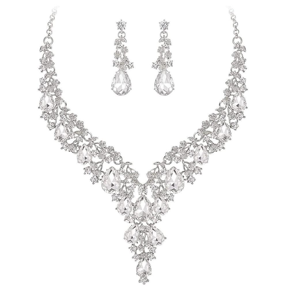 Rhinestone Crystal Necklace Earrings Sparkling Bridal Jewelry Set  Women s Gown серебряный