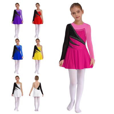 Girls Long Sleeve Skating Dress Round Neck Contrast Color Rhinestone Hollow Back Dance Costume
