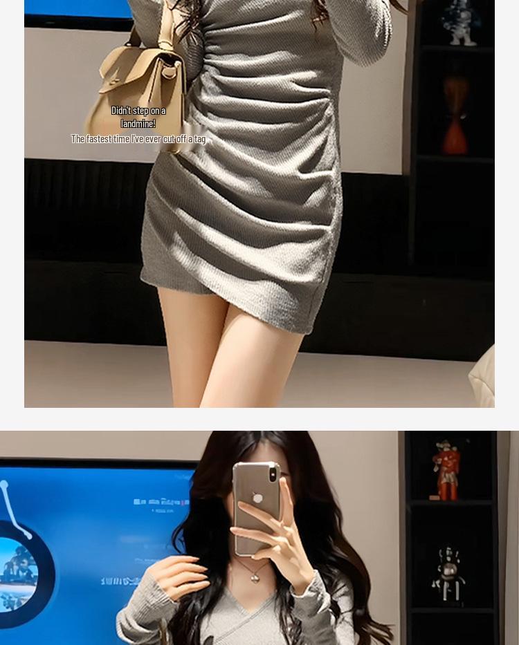 2026 Women's Gray V-Neck Slim Fit Short Skirt - Sexy Winter Inner Wear Dress
