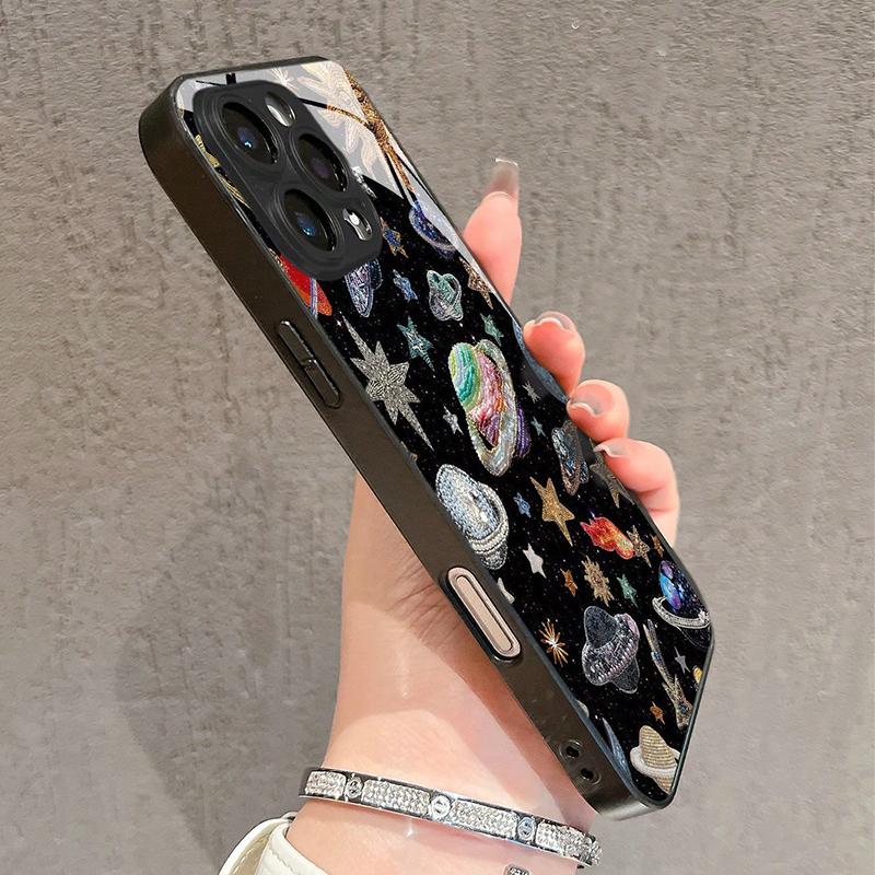 Capa de Celular de Vidro Temperado com Padrão de Sol, Totem, Estrelas, Lua e Planeta para iPhone 17 Pro Max 16 15 14 13 12 11 16E 7 8 Plus XR XS X