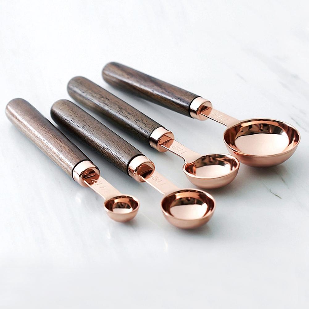 4Pcs/Set Stainless Steel Measuring Spoon Set Rose Gold with Wood Handle Bakeware