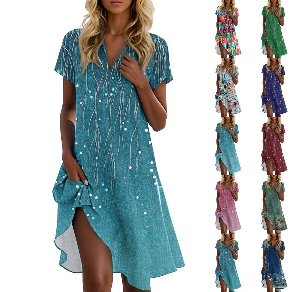 Women's Summer Casual Floral Printed Stand Collar Short Sleeve Dresses