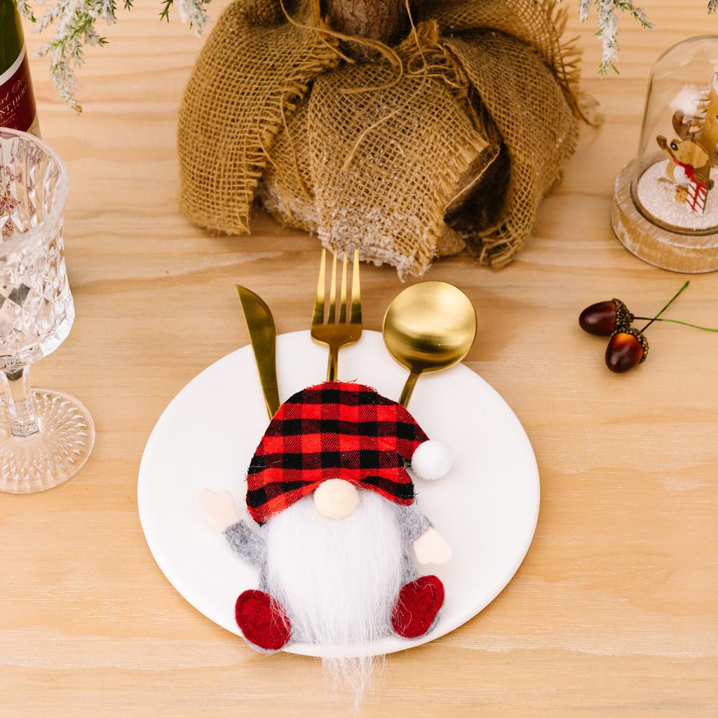 Festive Checkered Hat Gnome Tabletop Ornament With Cutlery Holder Holidays For