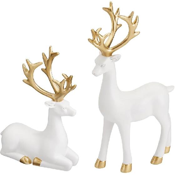 2Pcs Christmas Reindeer Figurines Decorations Resin Sitting & Standing Deer Statues Elk Figurine for Home Table Decor Wine Cabinet (Gold)