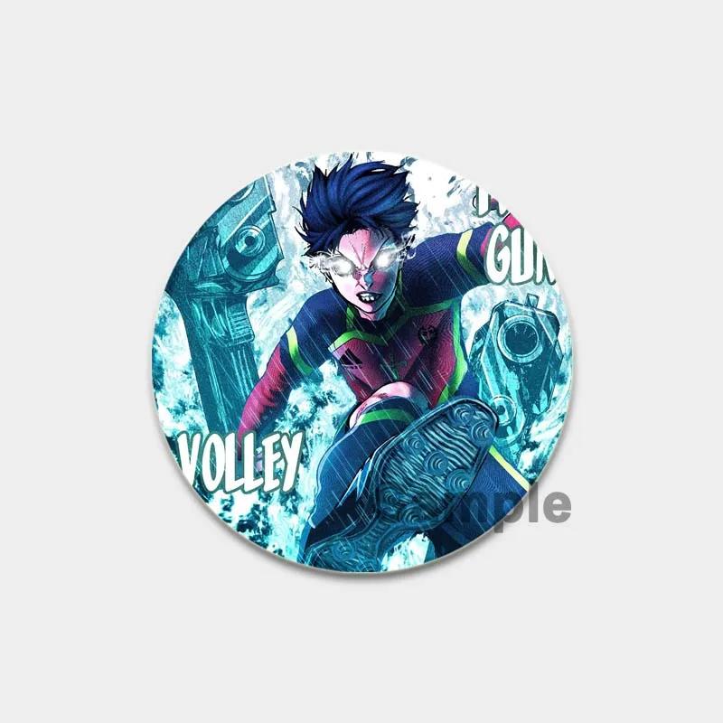 32/44/58 mm runder Anime-Anstecker mit blauem Schloss, Zeichentrickfigur Isagi Yoichi, Brosche, individuell anpassbar, Snap-in-Abzeichen, Cosplay-Zubehör, Schmuck, Geschenke