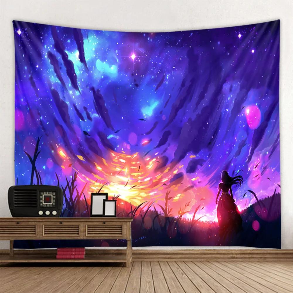 Cartoon Starry Sky Art Tapestry Pink Cloud Moon Wall Hanging Cloth Children's Room Decoration Kawaii Wall Decoration Tapestry