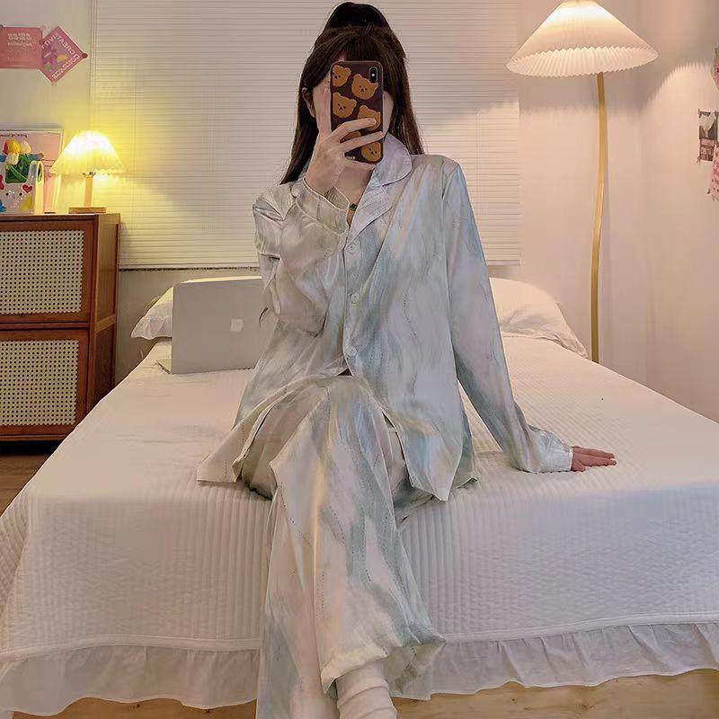 Pintura China a Tinta Estampada Ropa de Casa de Verano de Seda de Hielo Conjunto de Pijama de Manga Larga