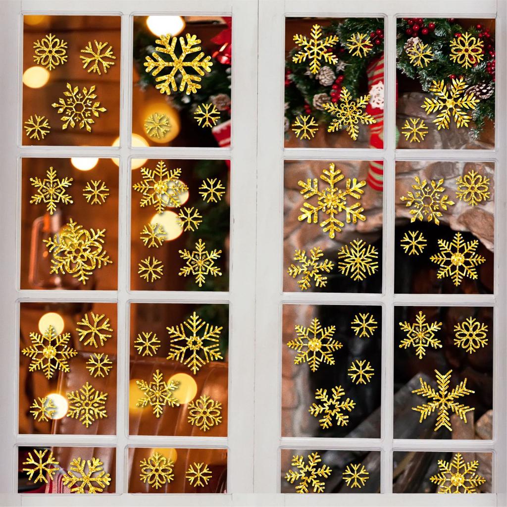 6 Glass Window Stickers With Golden Snowflakes Glitter Christmas Decoration Window Stickers Static Christmas Window Stickers