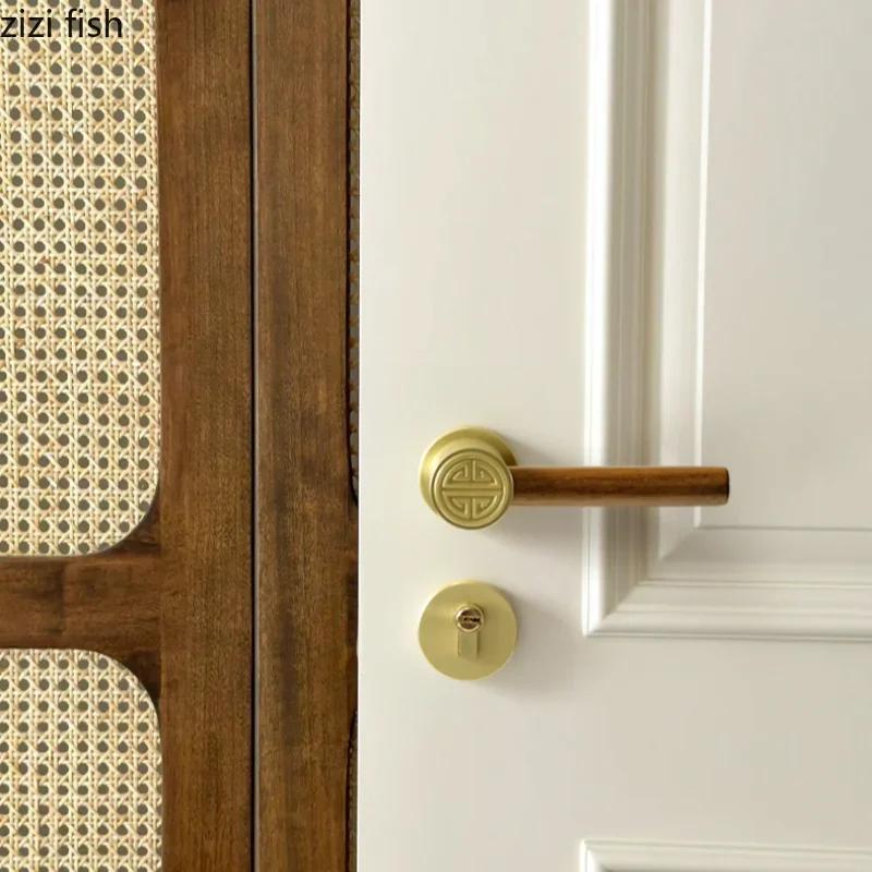 Metal Safety Door Lock Walnut Wood Handle Retro Bedroom Silent Locks Universal Split Locks Indoor Magnetic Lock Door Hardware