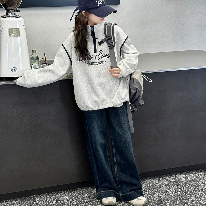 

Девочки 2025 Корейский стиль Письмо Молния Толстовка и Джинсы Двойка Осенний комплект 140cm