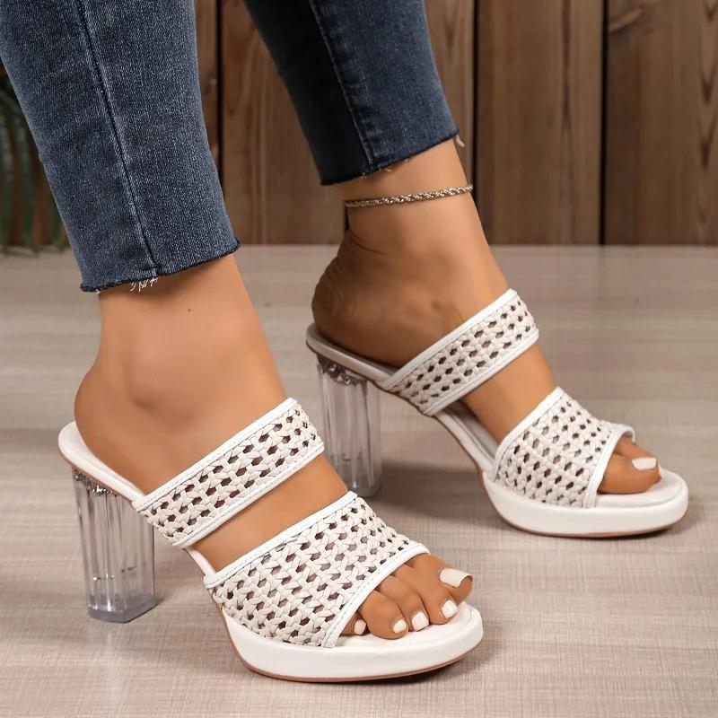 2026Women's High Heels Slippers Crystal Square Round Toe Braided Upper Shoes  Leisure Summer New Breathable Zapatillas De Mujer