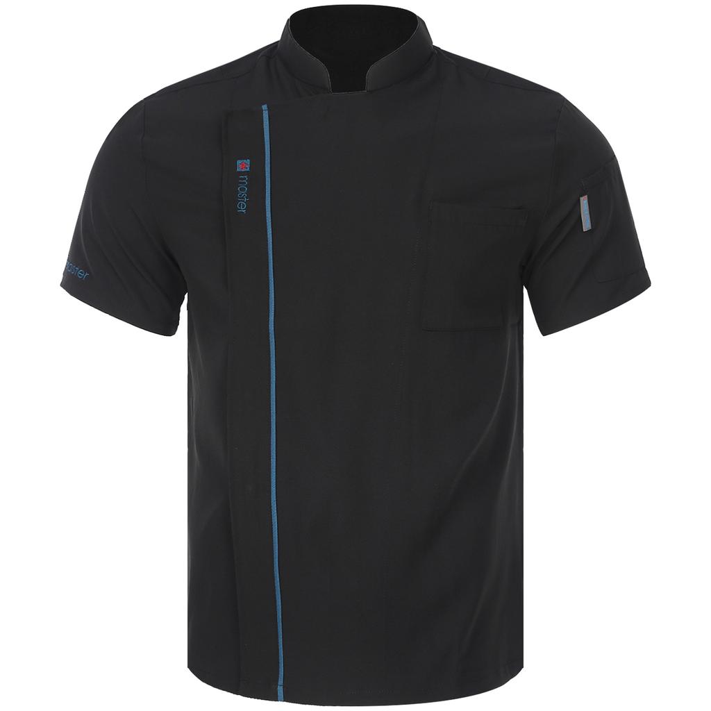 Unisex Lightweight Chef Jacket Stand Collar Short Sleeve Letter Embroidery Contrast Trim Kitchen Uniform Top