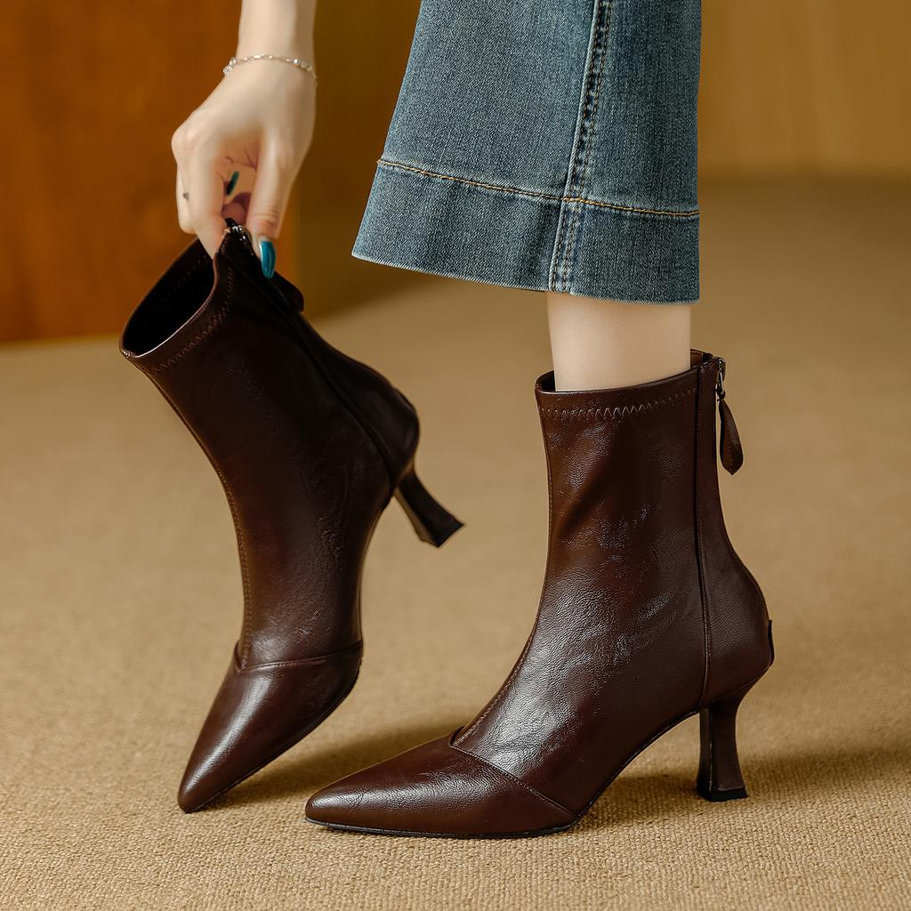 French Pointed Thin Heel Short Boots Women's Autumn and Winter New Niche Light Luxury Simple and Versatile Rear Zipper Thin Boots Bare Boots