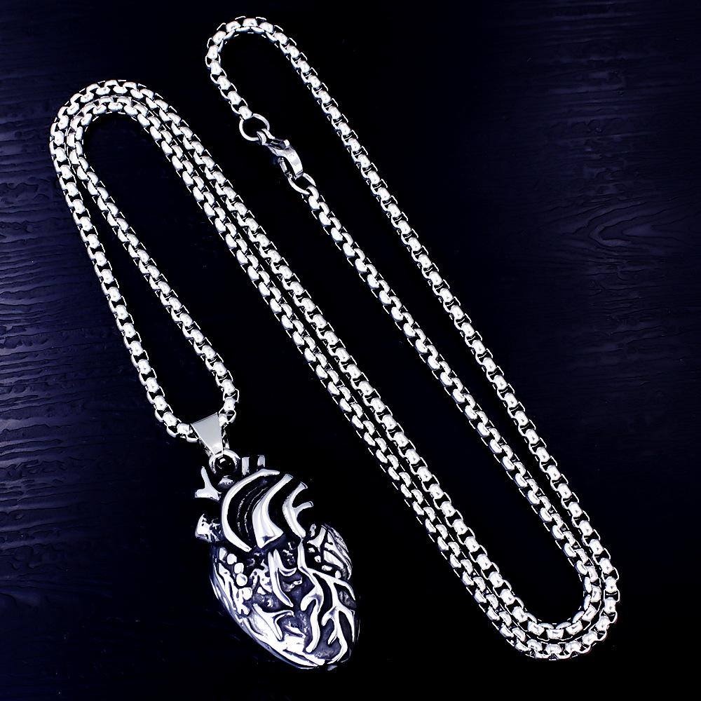 Heart Couple Pendant Punk Hip Hop Casting Human Organ Titanium Steel Necklace 60CM