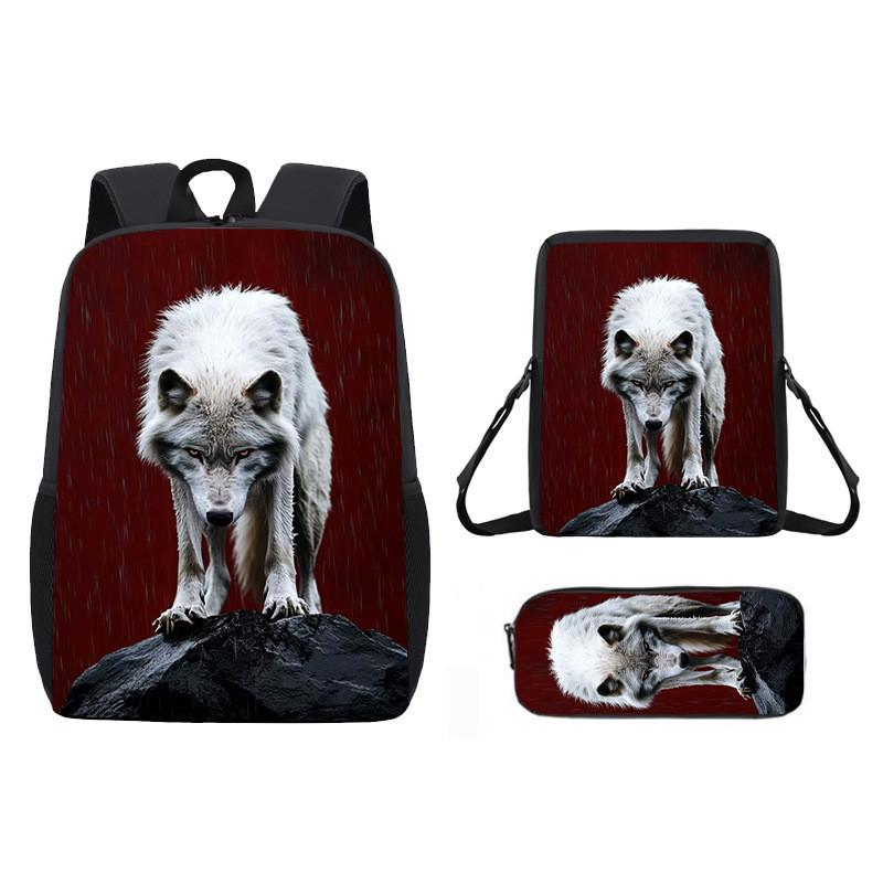 Pattern Animal Wolf Backpack Kids Shoulder Bag Pencil Case Student Use School