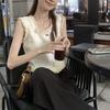 Summer French Style Sleeveless Tanks Stylish Tassel Spliced Female Clothing Basic Solid Color Elegant Square Collar Button Camis