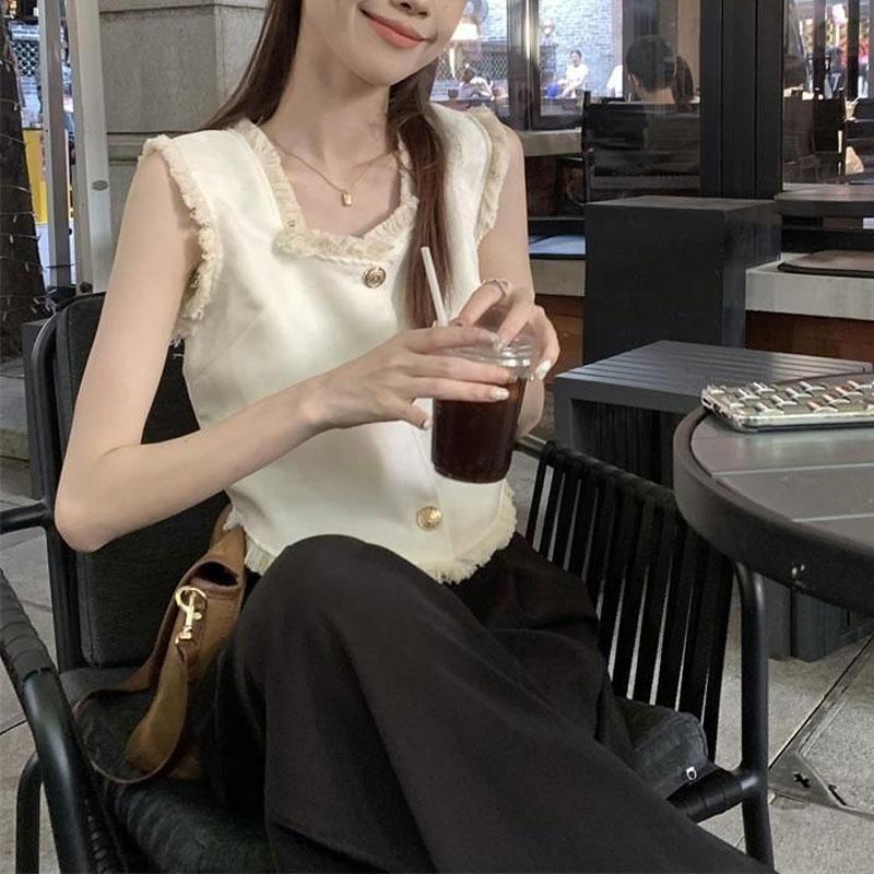 Summer French Style Sleeveless Tanks Stylish Tassel Spliced Female Clothing Basic Solid Color Elegant Square Collar Button Camis