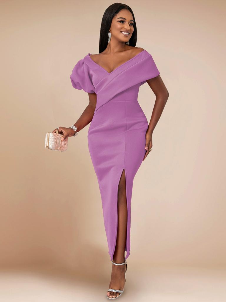 AOMEI Dark Red Formal Dresses Evening Gown Elegant Women Cold Shoulder V Neck Puff Sleeve Slit Irregular Long Vestidos Classy Celebrate Outfit