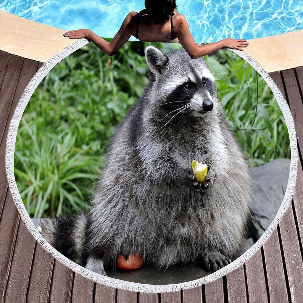 Wild Animal Raccoon Round Beach Towel Soft Microfiber Beach Blanket Sand Free Quick Dry Circle Bath Towel Absorbent Yoga Mat