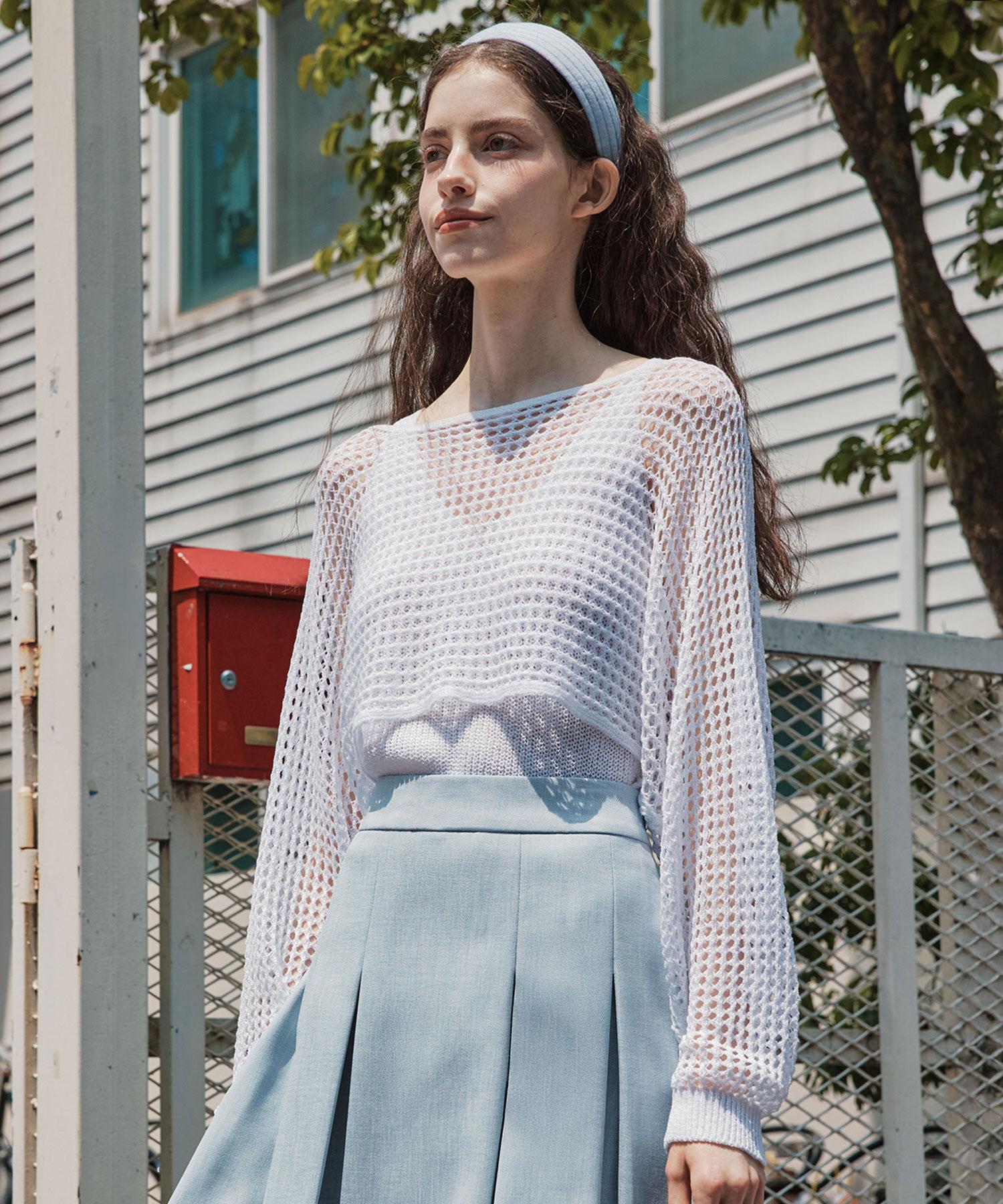 Zero Street [2 Colors] Punched Boatneck Knit & Sleeveless Set Blue/S