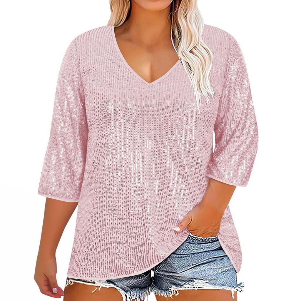 Women's Loose Large Size Solid Color Sequined V-Neck Three-quarter Sleeve T-Shirt Top