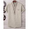 Herren Leinenmischung Henley-Kragen Tasche Kurzarm Lässig Strandurlaub Hemd