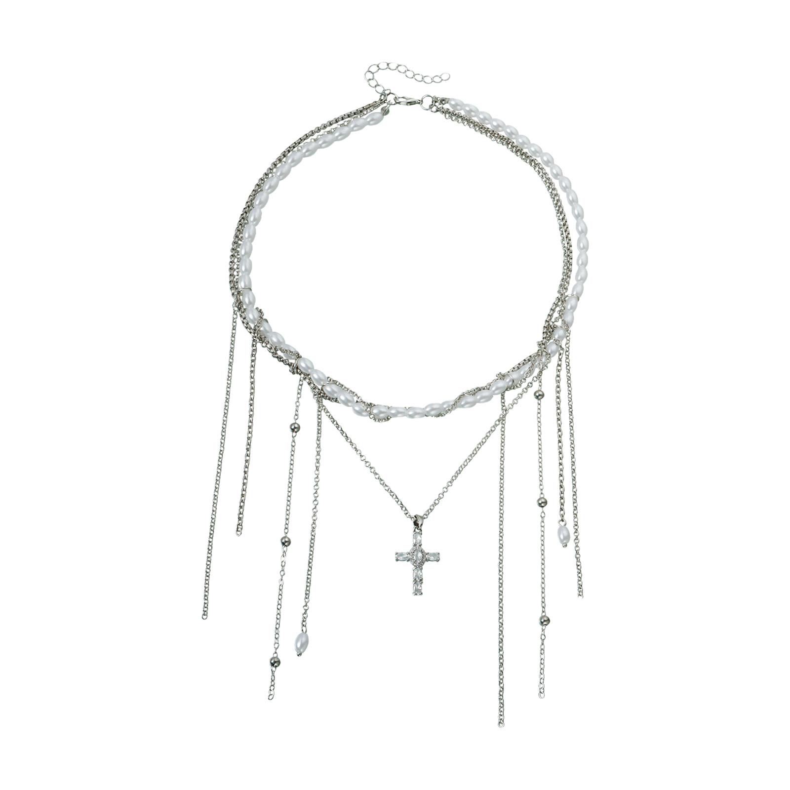 

Versatile Layering Tassels Necklace Crucifix Charm And Faux Pearls Elegant Adjustable Chain For Everyday Style Enhancement 1