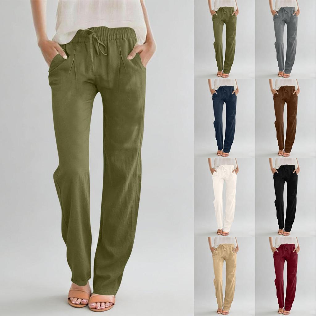 Pantalon décontracté pour femme en coton et lin, droit, à cordon de serrage, taille haute, ample, pantalon de plage avec poche