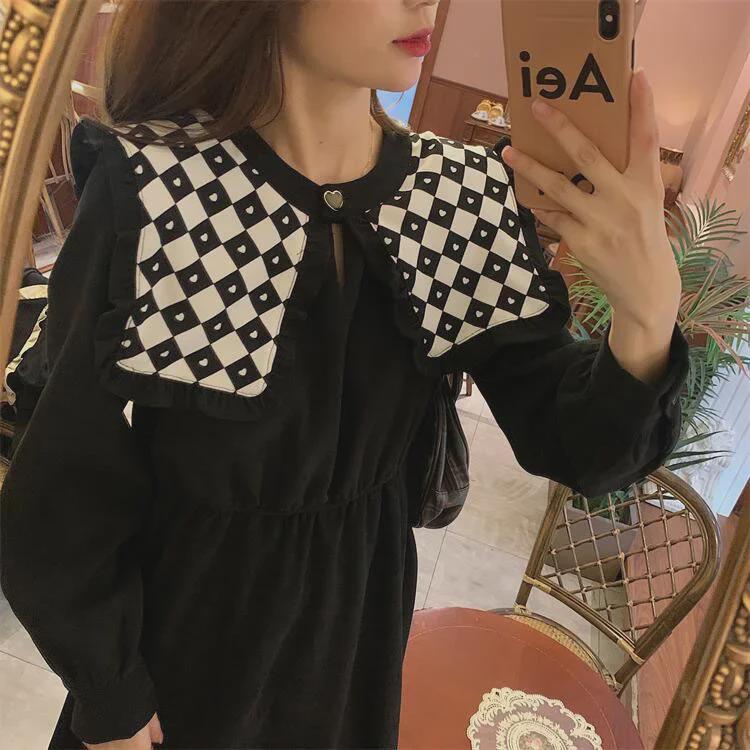 Women's Retro Hepburn Style Navy Collar A-Line Dress - Slim Fit for Autumn & Winter