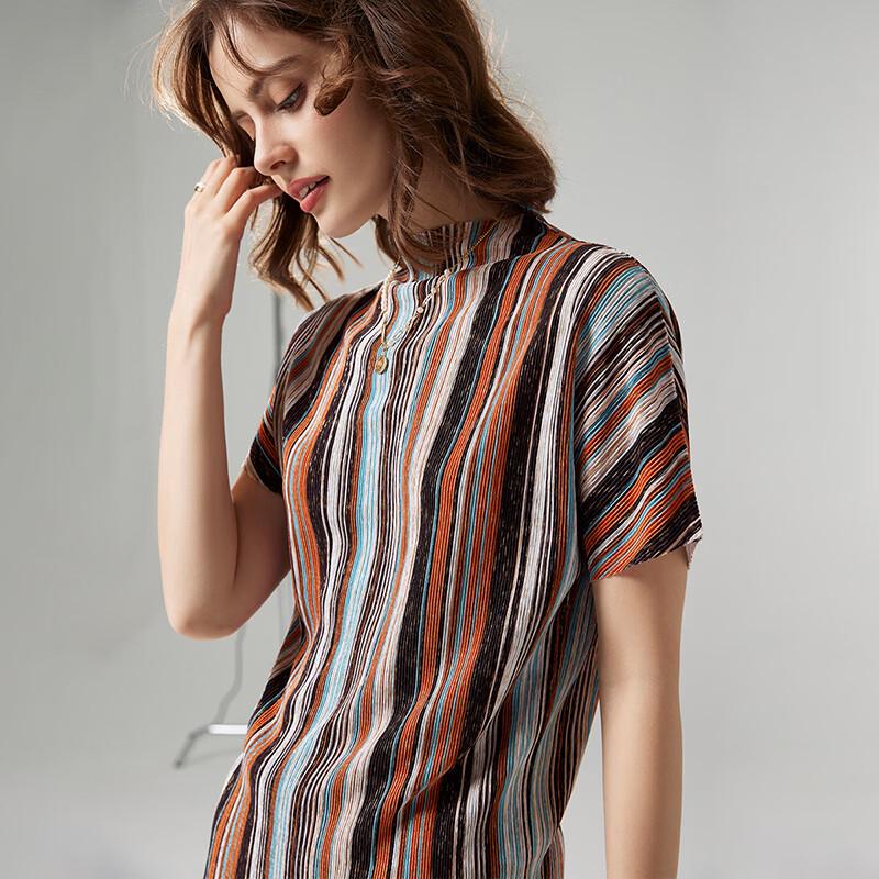 Women s Light Luxury Pleated Color-Block Striped T-Shirt