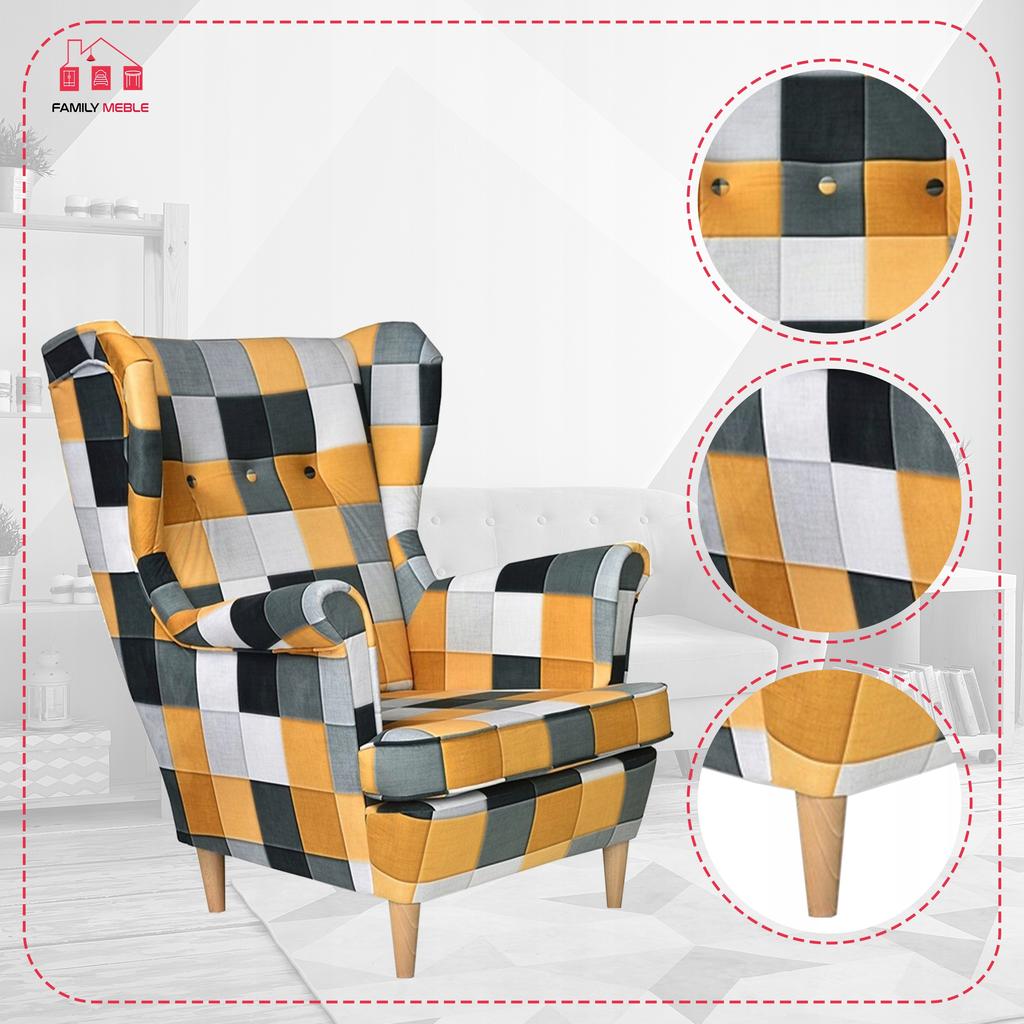 ARI PRINT Scandinavian Family Furniture Wing Chair, Checkered Panels Pattern