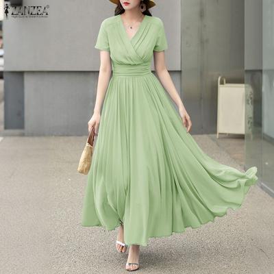Women Casual V-Neck Summer Short Sleeve Long Dress