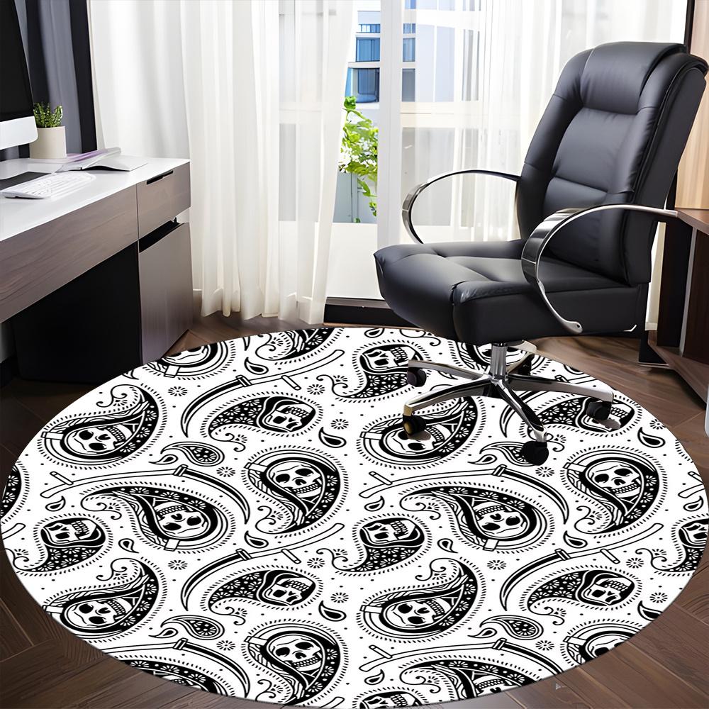 1pc Skull Paisley Office Round Area Rug, Indoor Mat Suitable ForOffice, Under Office Chairs Bedroom Living Room Home Decor, Room Deco 013