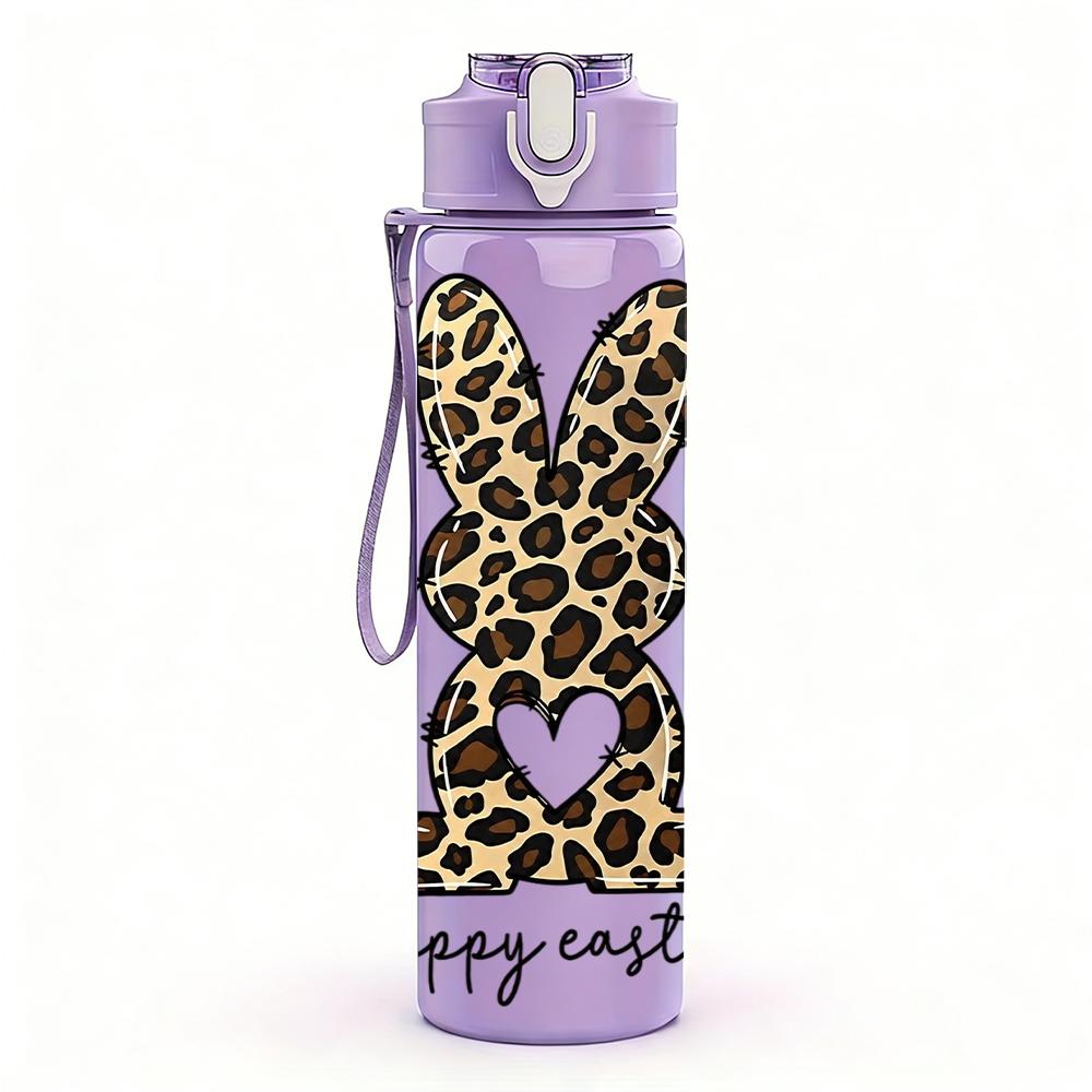 1PC Leopard Bunny Happy Easter 750ml Color Plastic Sports Water Bottle Leakproof Flip Straw Lid Suitable for Sports Office Home Use