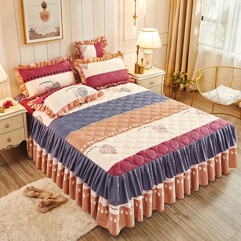 1piece Sheets for Bed Thick Warm Elastic Fitted Queen Mattress Pad Bedspread Bed Skirt Wedding Bedskirt No Pillowcase