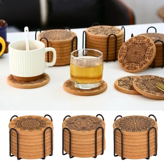 8Pcs Cork Coasters with Rack Round Retro Coasters Absorbent Heat-Resistant Table Mats Insulated Dining Placemats for Table Protection