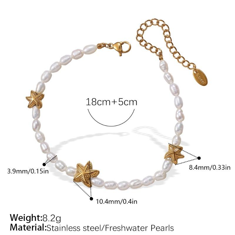 Stainless Steel Freshwater Pearl Necklace Bracelet Starfish Flower Beaded Necklace Set