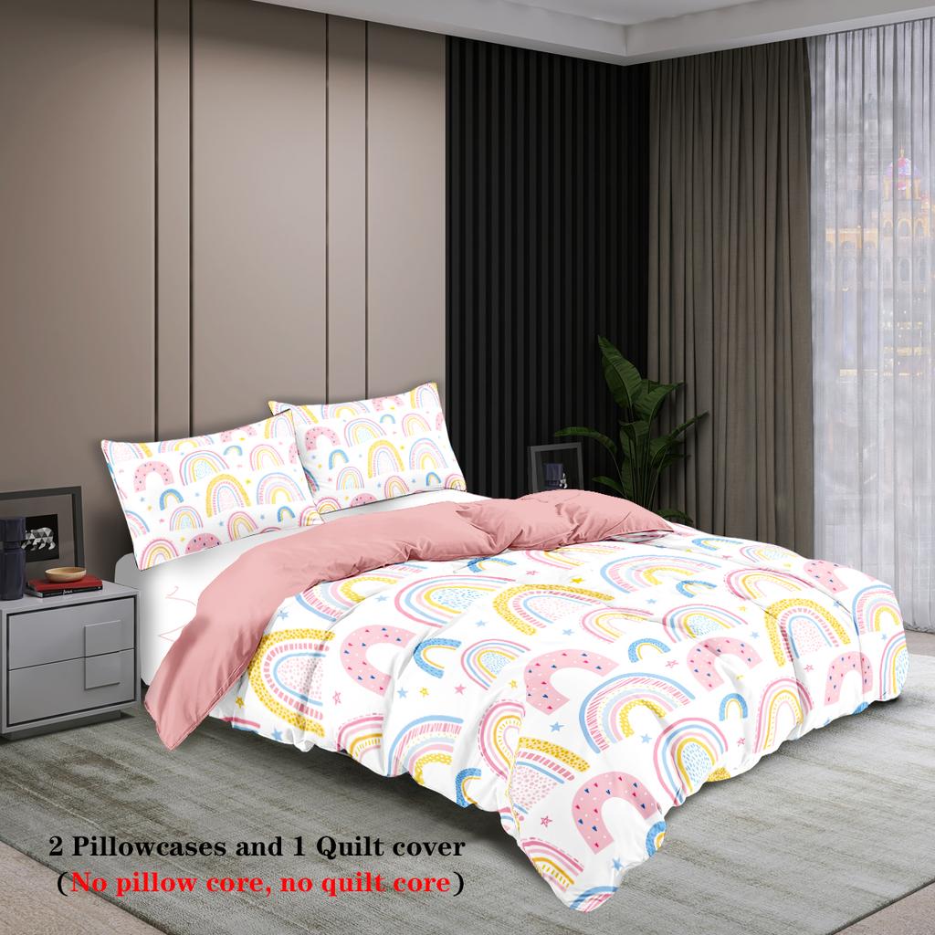 3-piece cartoon pink rainbow pattern print (1 duvet cover+2 pillowcases, no core) soft and comfortable bedding set