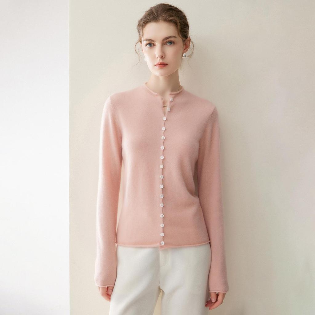 Women's 100% Cashmere Cardigan - Autumn/Winter Rolled Edge, Round Neck Buttoned Knit Sweater Coat