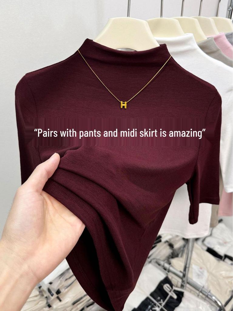 Women's Spring 2026 Red Mid-Sleeve High-Collar Slimming T-shirt – Fashionable Simple Solid Color Top