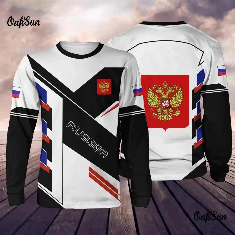 Round Neck 3D Russian Printed Top Casual Long Sleeved Men's T-shirts - Soft Medium Stretch Polyester Fabric Spring and Autumn Relaxed Fit Clothing