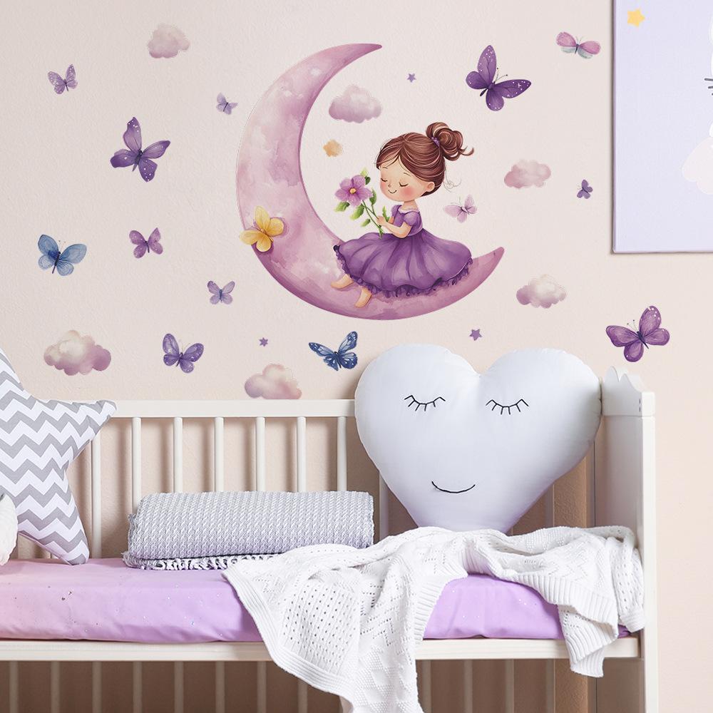 Kreskówkowy Sen Księżyc Mała Dziewczynka Sypialnia Salon Dom Ściana Tło Upiększanie Dekoracja Naklejki Ścienne