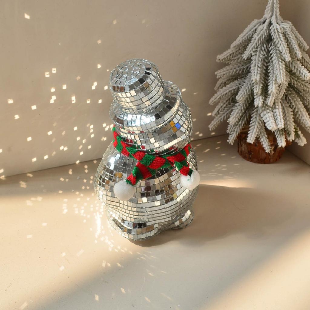 Christmas Snowman Disco Ball Statue Reflective Winter Decoration, With Knitted Scarf And Hat, Suitable For Holiday Fireplaces, Holiday Gatherings