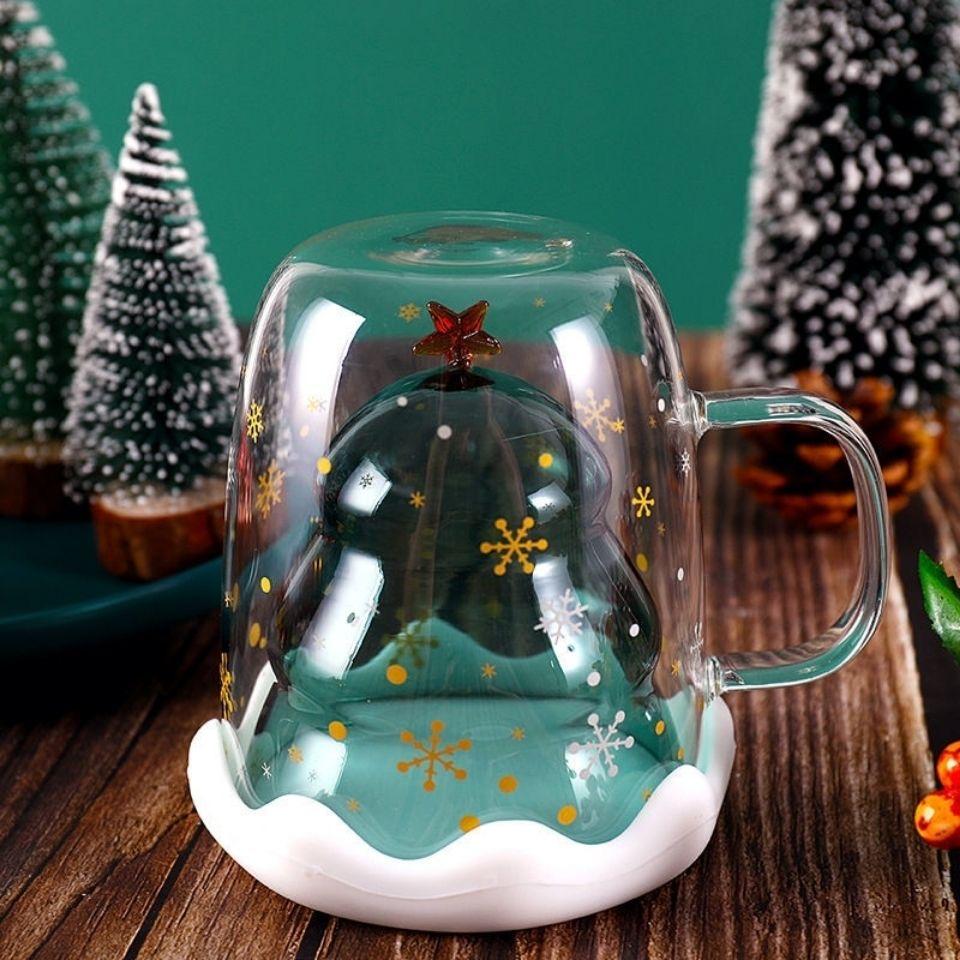 Christmas Tree Double Wall Glass Mug – Heat Resistant Snow Mountain Cup for Coffee, Milk & Holiday Drinks