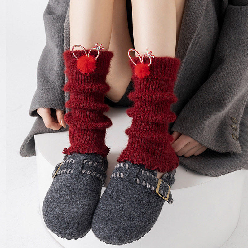 New Year'S Day Red Medium Tube Leggings Leg Cover Women'S Knitted Warm Sweet Butterfly Autumn And Winter Stacking Socks Cover Vertical Calf Socks