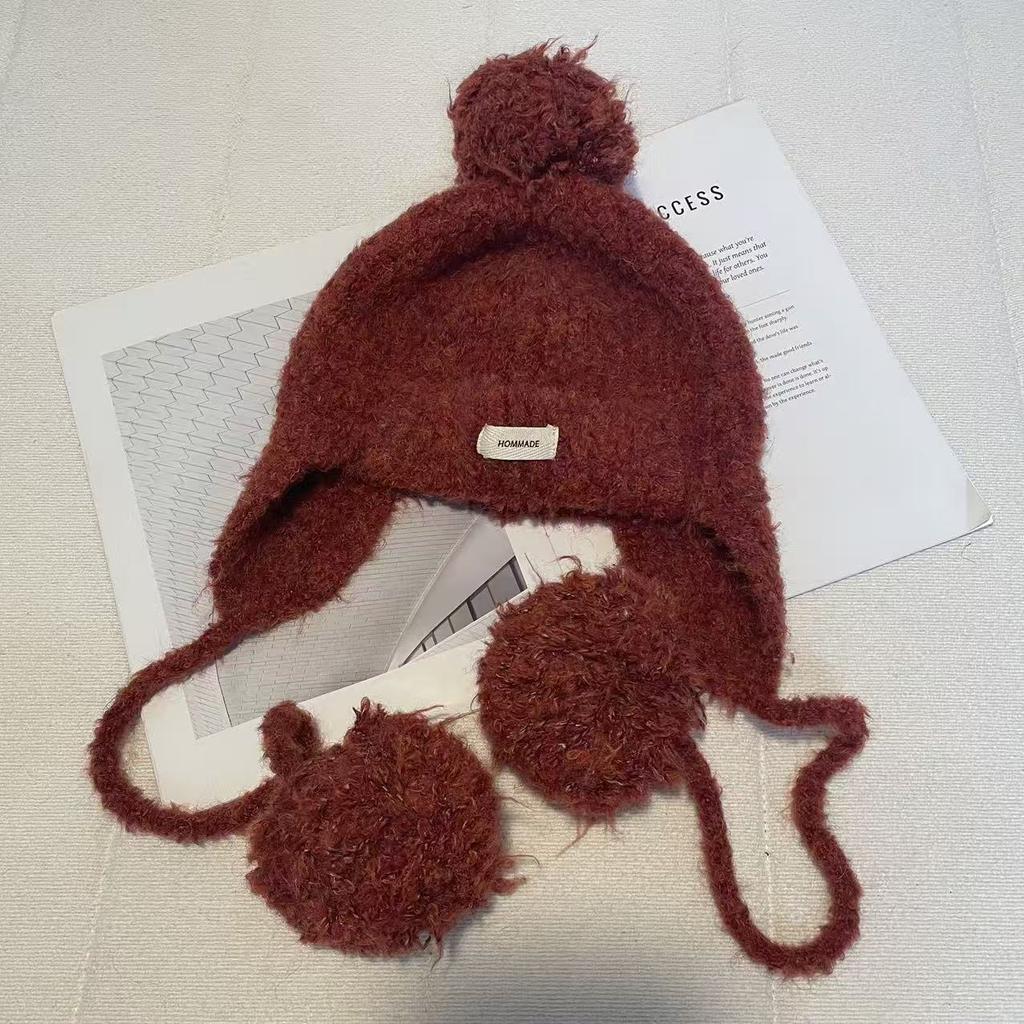 Wool Ball Knitted Woolen Hat for Women In Autumn and Winter Ear Protection Flying Hat Warm and Versatile Showing Face Small Ski Lei Feng Hat