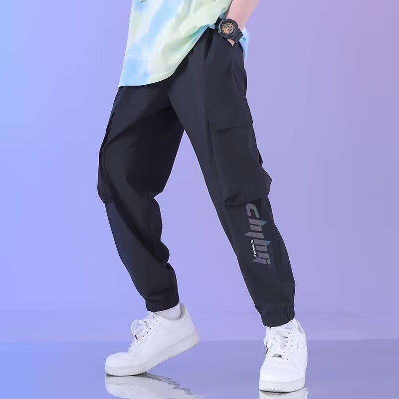 

Осенние шаровары, брюки для мальчиков, свободные брюки с заниженной талией, укороченные повседневные брюки, модные спортивные брюки с широкими штанинами 160 чёрный