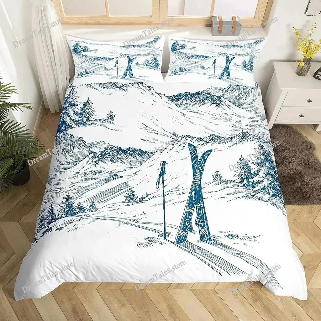 Bettwäsche-Set Ski Sport Vollgröße Wintersport Skifahren Bettwäsche-Sets Schneebedeckte Berglandschaft Deckenbezug für Jungen Mädchen963