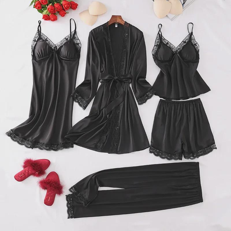 Conjunto de Pijama de Seda e Renda para Mulher - 5 Peças com Camisola de Manga Comprida, Camisola e Shorts para Primavera, Verão e Outono