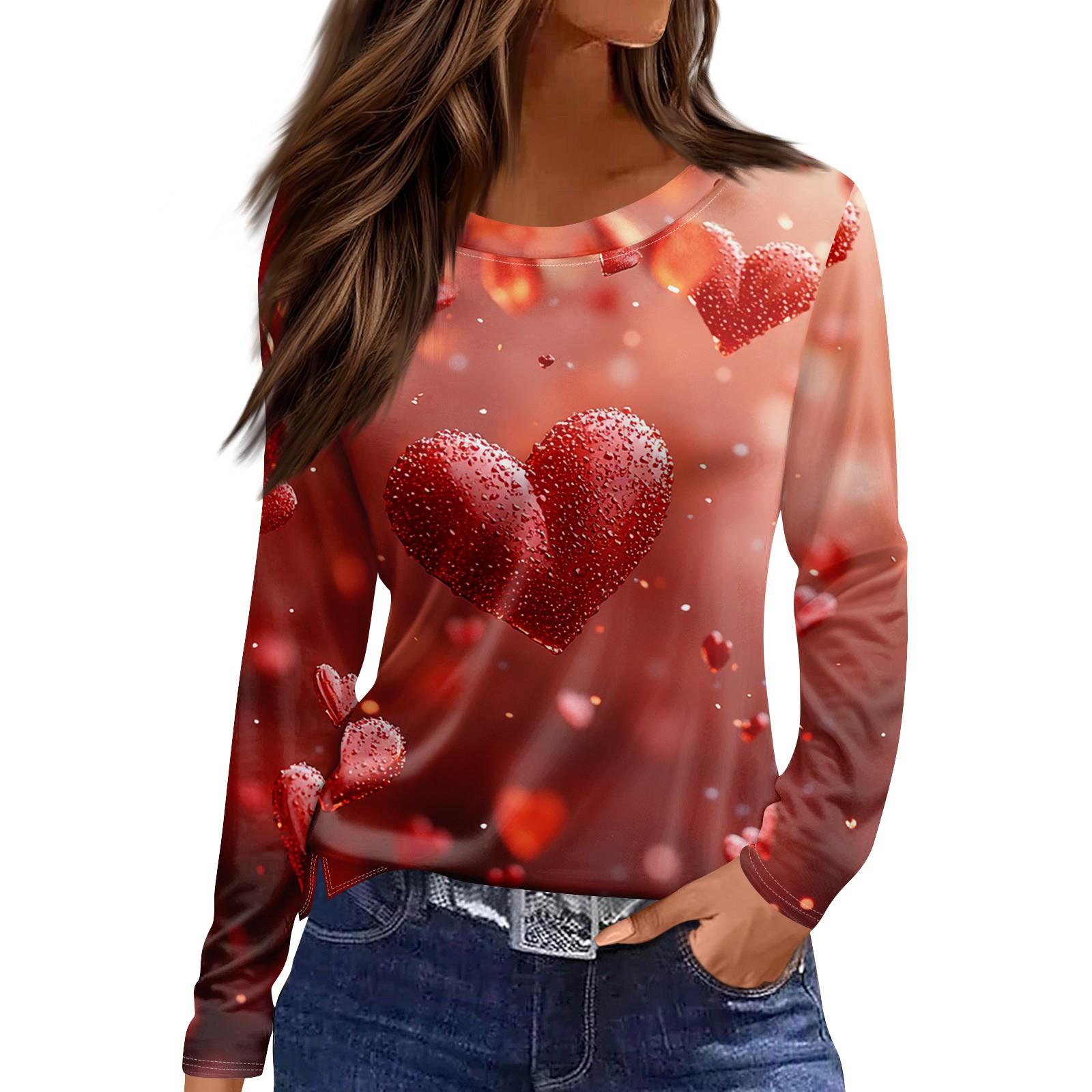 

Женская модная повседневная футболка с разрезом и круглым вырезом, длинным рукавом и принтом ко Дню святого Валентина, женский топ M киноварь